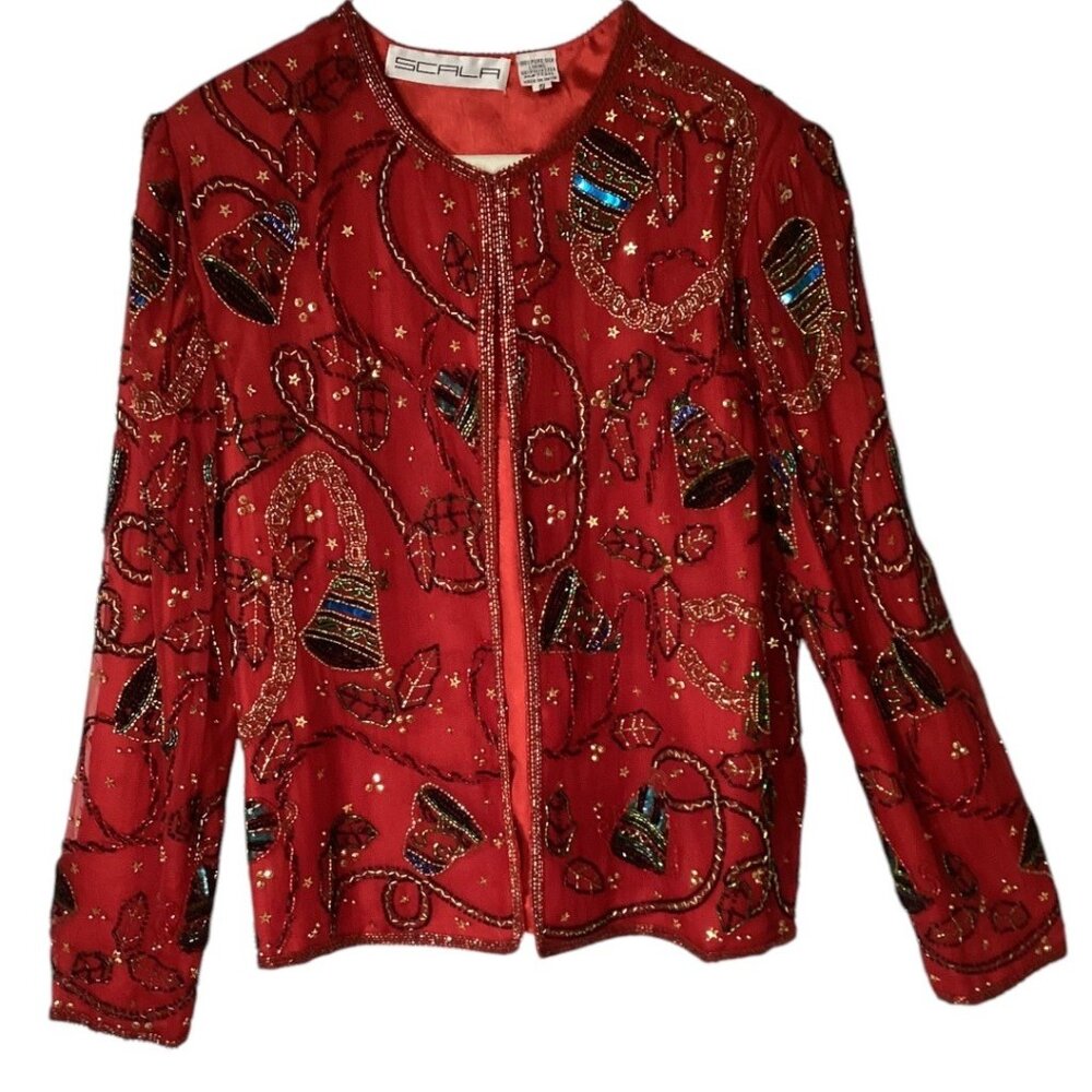 Vintage Scala Red Beaded Sequin Silk Evening Jacket Women's Size Small